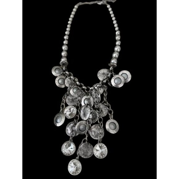 Vintage VCLM Necklace Silver Tone Crystals & Hammered Disks 14" Drop - Picture 6 of 9